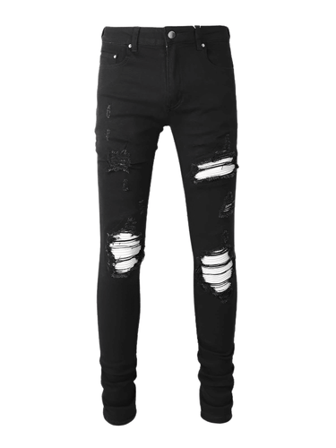 Cracked Silver Leather Patch Ripped Black Jeans Men's Streetwear Denim -, Jeans , Drestiny , 28, 29, 30, 31, 32, 33, 34, 36, 38, 40, Australia, Black, Casual Pants, FR, Jeans, New Zealand, Skinny Jeans, United Kingdom, United States , Drestiny , www.shopdrestiny.com